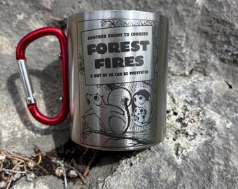 Vintage Camping Mug | Historic Forest Fire Poster | Laser Engraved Stainless Steel Camp Mug | Wildland Firefighter Gift