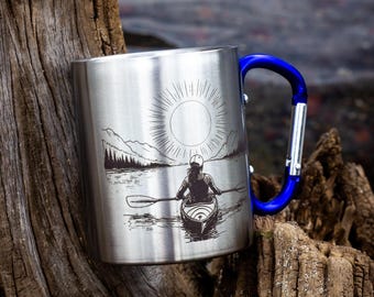 10 oz. Laser Engraved Camping Mug with Carabiner Clip – Stainless Steel Kayaking Gift