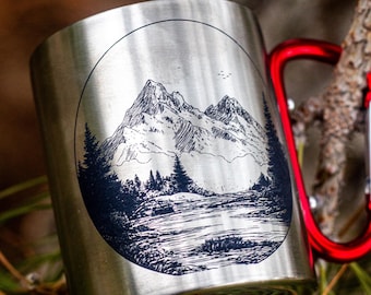 10 ounce Laser-Engraved Fishing Camping Mug with Carabiner Clip Handle - Mountains