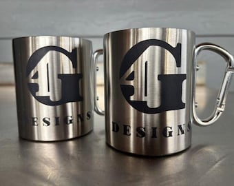 10 ounce- Custom Designed Laser Engraved Stainless Steel Camping/Fishing/Hunting Mug with Carabiner Handle