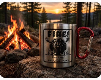 Vintage Forest Fire Poster Camp Mug | Laser Engraved Stainless Steel Wildland Gift