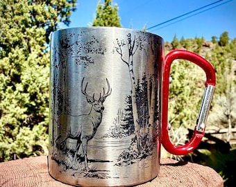 10 oz. Laser-Engraved Camping Mug with Carabiner Clip Handle - Deer
