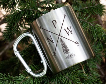 10 oz. Laser-Engraved PNW Camping Mug with Carabiner Clip Handle