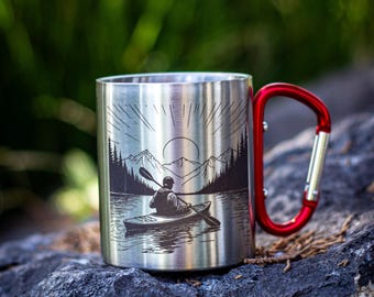 10 oz. Laser-Engraved Outdoors Kayaking Camping Mug with Carabiner Clip Handle