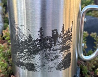 Custom Designed Laser Engraved Stainless Steel Camping/Fishing/Hunting Mug with Carabiner Handle