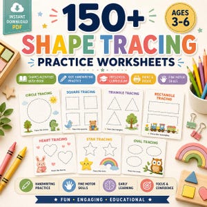 150+ werkbladen voor het overtrekken van vormen | Handschriftoefeningen voor kinderen | Vormen bezet boek | Curriculum voor kleuters (digitale download)