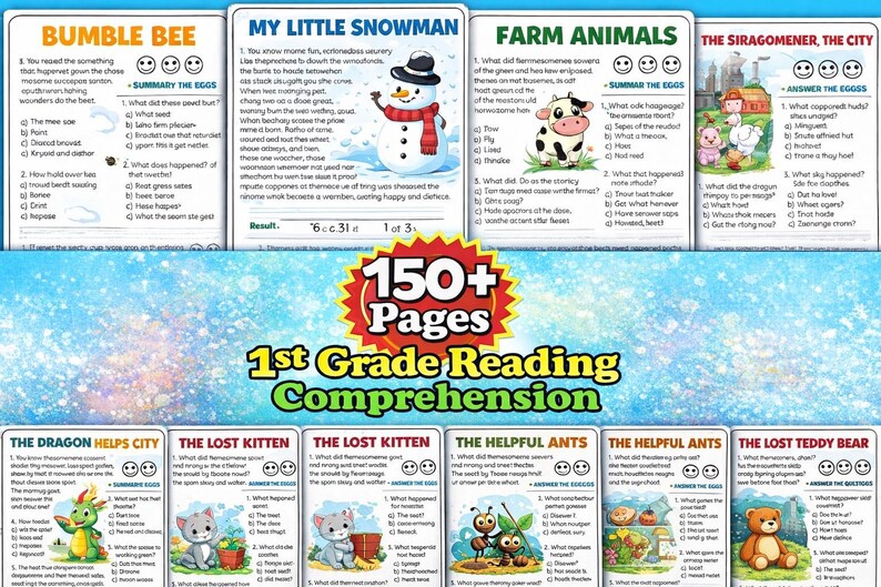 First grade reading comprehension worksheets with printable Grade 1 passages, reading questions, vocabulary practice, and educational activities for early readers.