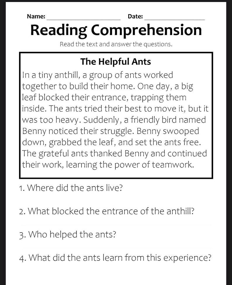 May include: A black and white reading comprehension worksheet titled "Reading Comprehension." The text includes a story called "The Helpful Ants" and four questions about the story.