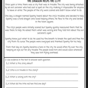 May include: A black and white worksheet with the title "THE DRAGON HELPS THE CITY". The worksheet includes a story about a dragon and questions to answer. There are three star illustrations at the top of the page.