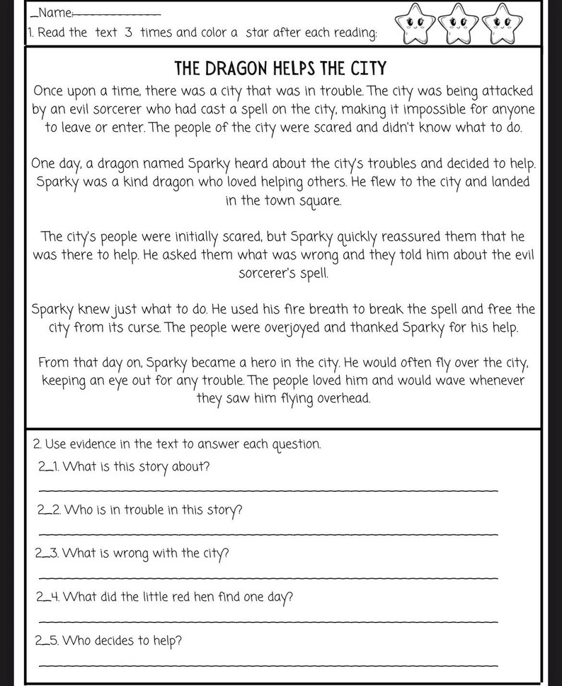 May include: A black and white worksheet with the title "THE DRAGON HELPS THE CITY". The worksheet includes a story about a dragon and questions to answer. There are three star illustrations at the top of the page.
