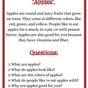 May include: A white-bordered graphic with the title "Apples" in red. The text describes apples as round, juicy fruits with red, green, and yellow colors. It lists ways to eat apples and their health benefits. Questions about apples are listed below.