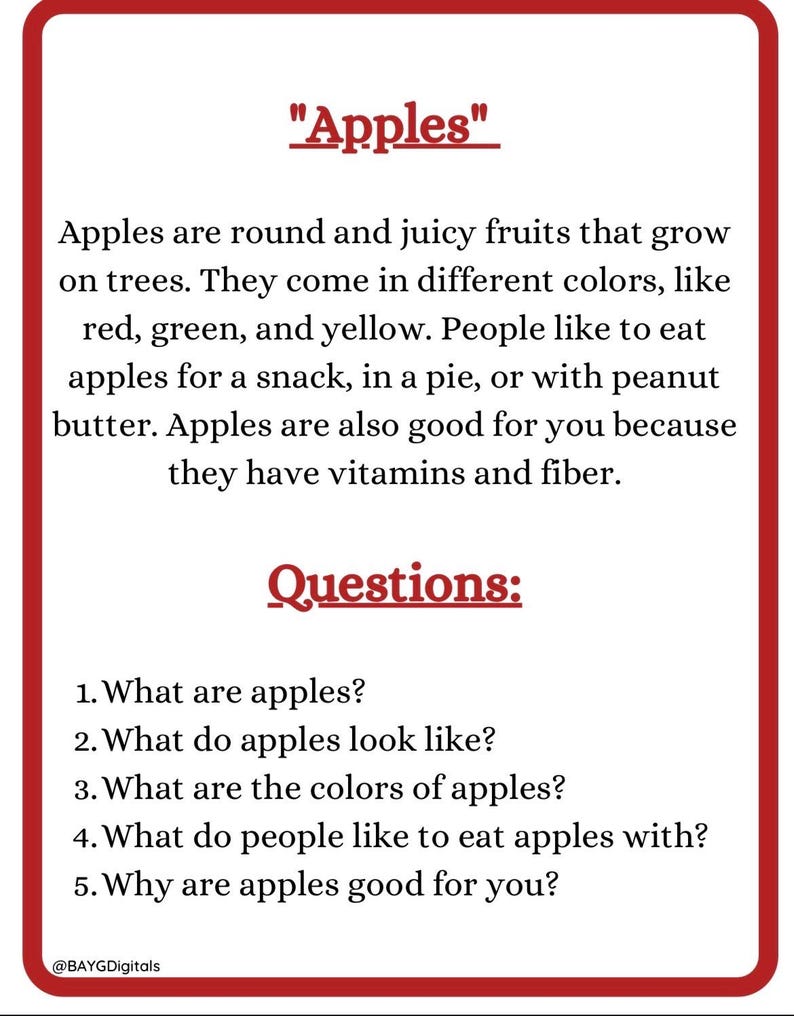 May include: A white-bordered graphic with the title "Apples" in red. The text describes apples as round, juicy fruits with red, green, and yellow colors. It lists ways to eat apples and their health benefits. Questions about apples are listed below.