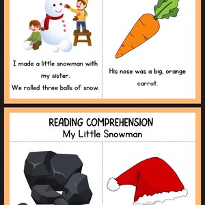 May include: Educational reading comprehension worksheet titled "My Little Snowman." The worksheet features illustrations of a snowman, a carrot, coal, and a red cap, with accompanying sentences for reading practice.