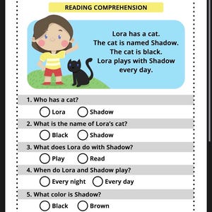 May include: A reading comprehension worksheet with the title "Reading Comprehension." The worksheet features a cartoon illustration of a girl and a black cat. The text includes a short story and multiple-choice questions about the story.