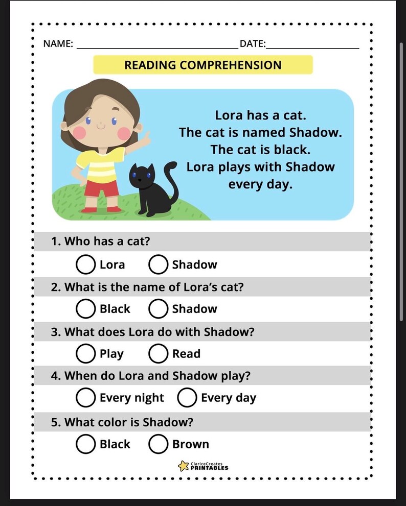 May include: A reading comprehension worksheet with the title "Reading Comprehension." The worksheet features a cartoon illustration of a girl and a black cat. The text includes a short story and multiple-choice questions about the story.