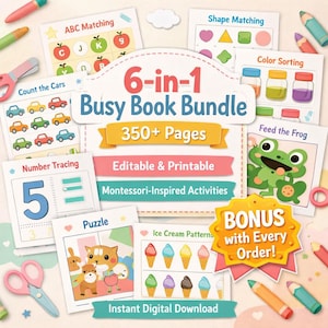 Paquete de libros de actividades editables 6 en 1, más de 350 páginas imprimibles, actividades inspiradas en Montessori, carpeta de aprendizaje preescolar (descarga digital)