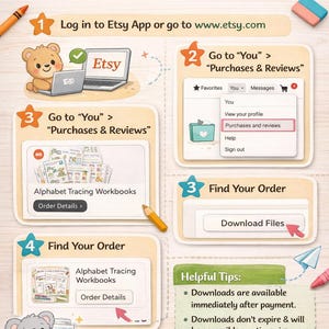 May include: Infographic illustrating how to download digital products from Etsy. Steps include logging in, navigating to "Purchases & Reviews," and finding the order. Includes cute illustrations of a bear, koala, and laptop.
