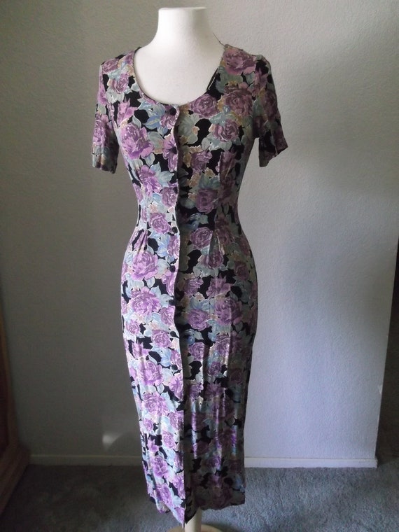 1980s Floral Print Midi Dress