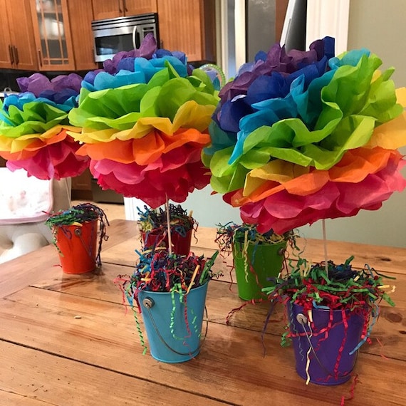 Rainbow Topiary Pom Pom, Table Centerpieces, Rainbow Pom Poms, Paper Party  Decor, 1st Birthday Decorations, Poms on a Stick 
