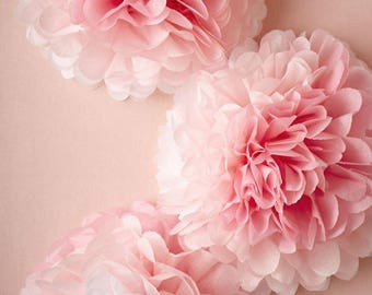 Valentines Day Decor, Baby Shower Tissue Paper Pom Pom Set, DIY Ombre Pink Paper Flowers, Dessert Table Wall Backdrop, Fluffy Pom Poms Baby