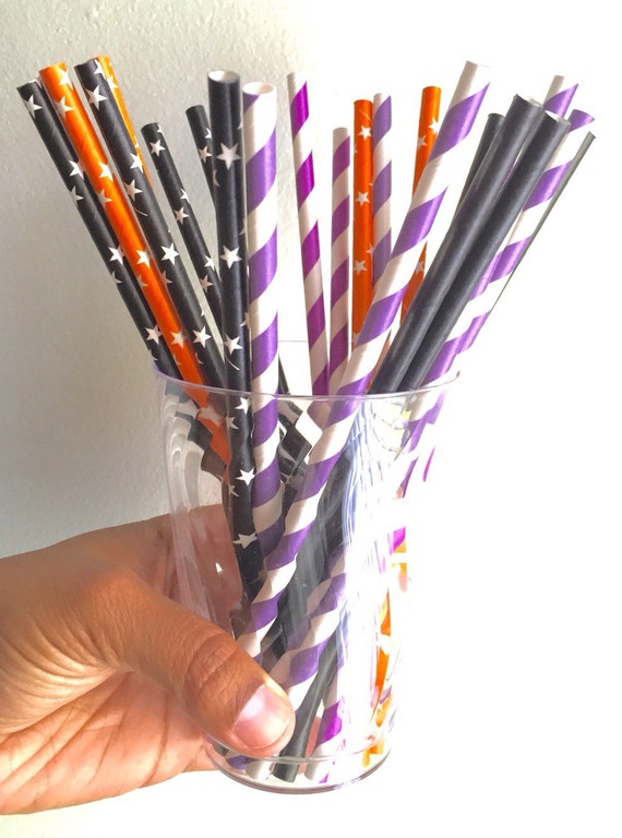 25 pcs Paper Drinking Straws with Tag Stickers Halloween Day Bar Party Décor