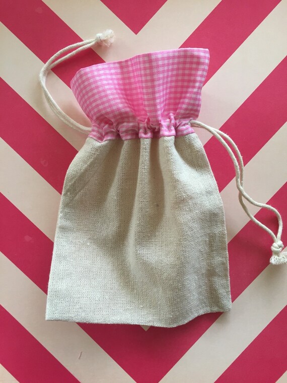 5x7 Cotton Drawstring Bag with Pink Gingham patterned top, Country chic, shabby chic party favor bags, wedding favors, birthday party supply Il_570xn