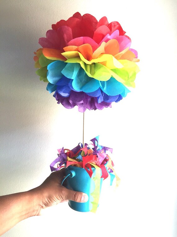 Rainbow topiary pom pom, table centerpieces, rainbow pom poms, paper party decor, 1st birthday decorations, poms on a stick Il_570xn