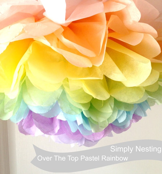 1 Rainbow Tissue Paper Pom Pom, Pastel Rainbow Pom, Tissue Paper