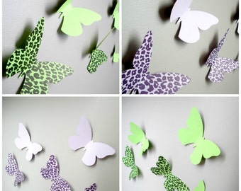 3D Wall Butterflies, Green Leopard Print, Purple Leopard Print, Wall Butterfly Decor, Reversible, Nursery Wall Art, Nursery Wall Decor