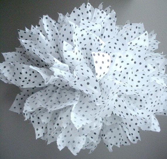 1 Black and White Polka Dot Tissue Paper Pom Pom, black and white theme, polka dots, bumble bee
