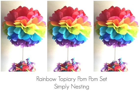 Rainbow Topiary Pom Pom Set, Table Centerpieces, Rainbow Party Decorations,  Unicorn Party, Poms on Sticks, Tissue Paper Pom Poms by Simply Nesting