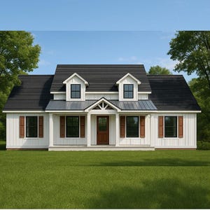 Könnte beinhalten: Ein weißes Bauernhaus mit schwarzem Dach, braunen Fensterläden und einer braunen Eingangstür. Das Haus hat zwei Dachgauben und ist von grünem Gras und Bäumen unter blauem Himmel umgeben.