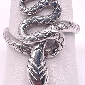 May include: A silver-toned ring featuring a coiled snake design. The snake's body is textured with a cross-hatched pattern along its length, while the head is smooth and detailed with etched lines. The ring wraps around to form a continuous band.