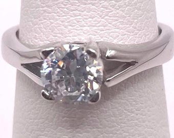 Sterling Silver CZ Solitaire Ring Rhodium Plated Size 5.75 Classic Shank Design