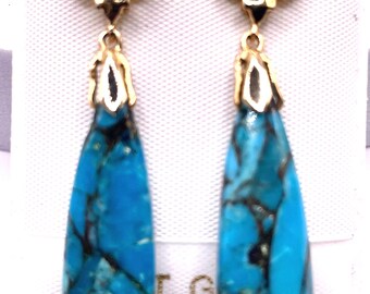 Turquoise Drop Earrings, 14K Soild Gold, Diamond Accent, Handmade Dangle, December Birtstone Gift