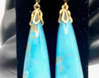 Turquoise Diamond Earrings, 14K Solid Gold Flower Top, Long Teardrop Fine Jewelry Gift