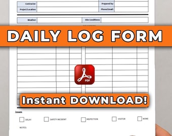 Construction Daily Log Template | Editable Job Site Diary & Foreman Report PDF | Instant Download