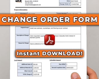 Contractor Change Order Form | Scope Creep Protection | Auto-Calculating | Instant Download