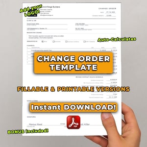 Change Order Template for Contractors | Editable Auto-Calculating Construction PDF | Instant Download