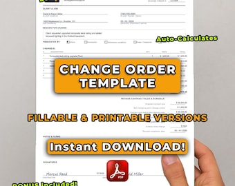 Change Order Template for Contractors | Editable Auto-Calculating Construction PDF | Instant Download