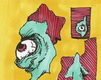 ACEO - He Had a Puzzling Face - Billie - 2.5 x 3.5 inch Ink Pen and Marker Art Card
