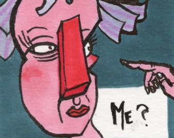 ACEO - Who, Me? - 2.5 x 3.5 inch Ink Pen and Marker Art Card