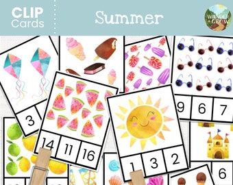 Tarjetas de matemáticas de verano con imágenes / Actividad de conteo preescolar (Descarga digital)