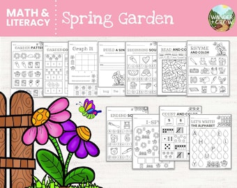 Spring Garden | Preschool, Pre-K and Kindergarten Math and Literacy Worksheets | Beginning Sounds, Counting, Addition, Rhyming Words