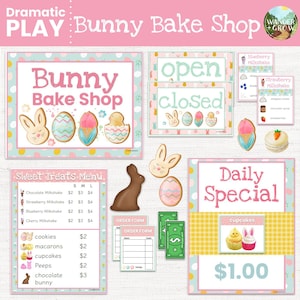 May include: A printable set of play pretend signs for a bunny bake shop. The signs feature a pink and blue color scheme with bunny, egg, and chick illustrations. The signs include "Bunny Bake Shop", "Open", "Closed", "Sweet Treats Menu", "Daily Special", and a menu with prices for various treats.
