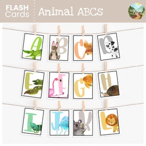 アルファベット フラッシュ カード | ABC 動物の印刷可能な壁アート | ホームスクール モンテッソーリ教室の装飾 | 保育園のアート