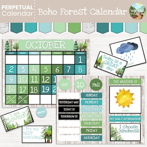 Perpetual Classroom Circle Time Printable Calendar Set Display, Nature Boho Wood Theme Homeschool Decor, Weather Seasons Days of the Week