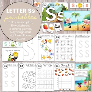 Letra S / Paquete de práctica de sonidos y letras del alfabeto / Letra de la semana / Preescolar / Educación en casa / Hojas de trabajo y juegos imprimibles