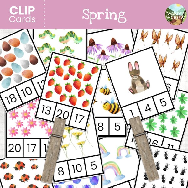 Spring Count and Clip Cards #1-20 | Nature Homeschool Counting Cards | Clothespin Printable Digital Download Cards