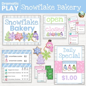 May include: A printable set of play pretend bakery signs for a pretend snowflake bakery. The signs include a bakery sign, open and closed signs, a hot cocoa menu, a sweet treats menu, a daily special sign, and order forms. The signs are decorated with snowflakes, snowmen, and other wintery designs.